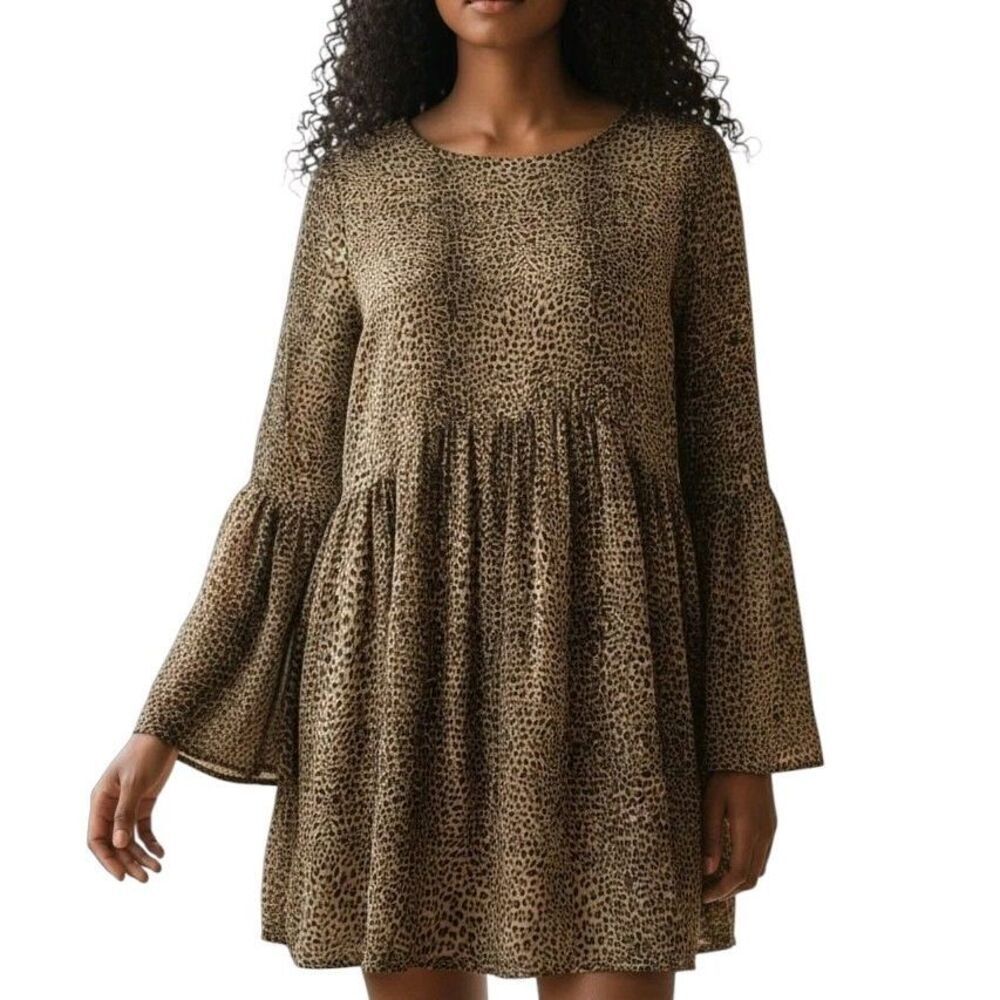 Adrienne Babydoll Dress Womens Size S Leopard Print Bell Sleeves Lined Chiffon
